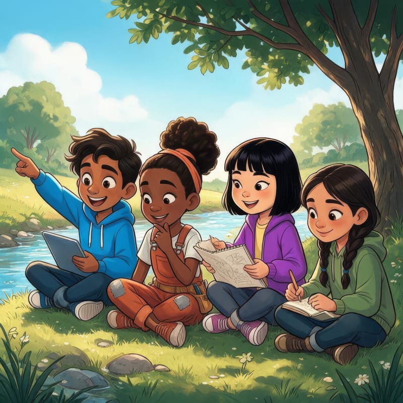 Tariq, Elena, Maya and Sofia sitting together on the grass beside a stream